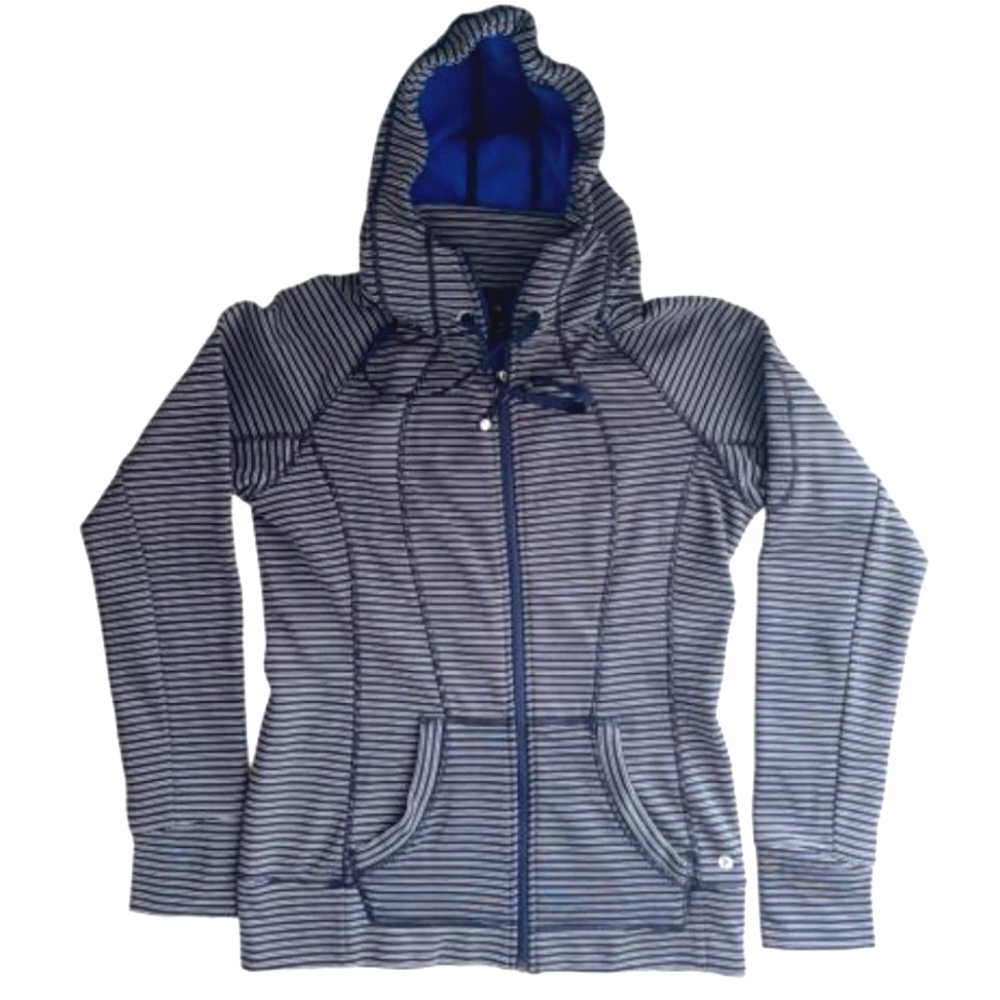 Athleta Zip-Up Striped Hoodie Jacket Fleece Lined Pockets Breathable Thumbholes